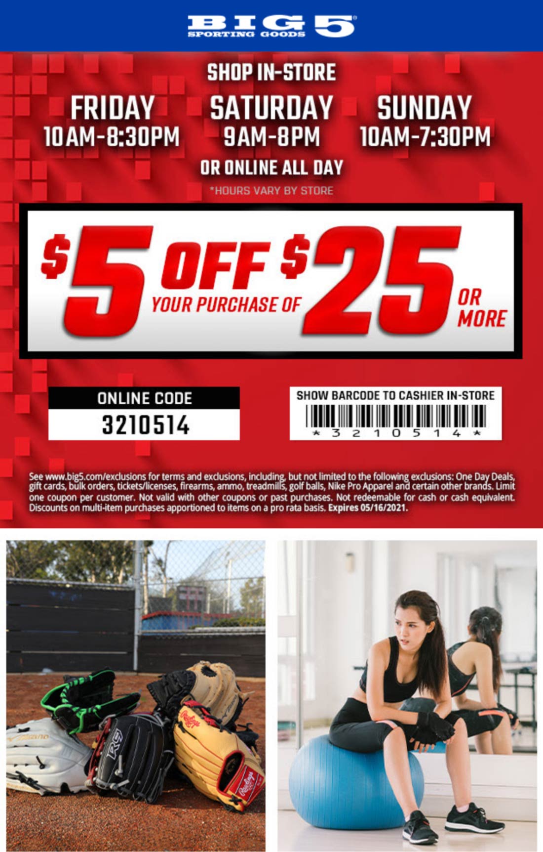 Big 5 stores Coupon  $5 off $25 at Big 5 sporting goods, or online via promo code 3210514 #big5 