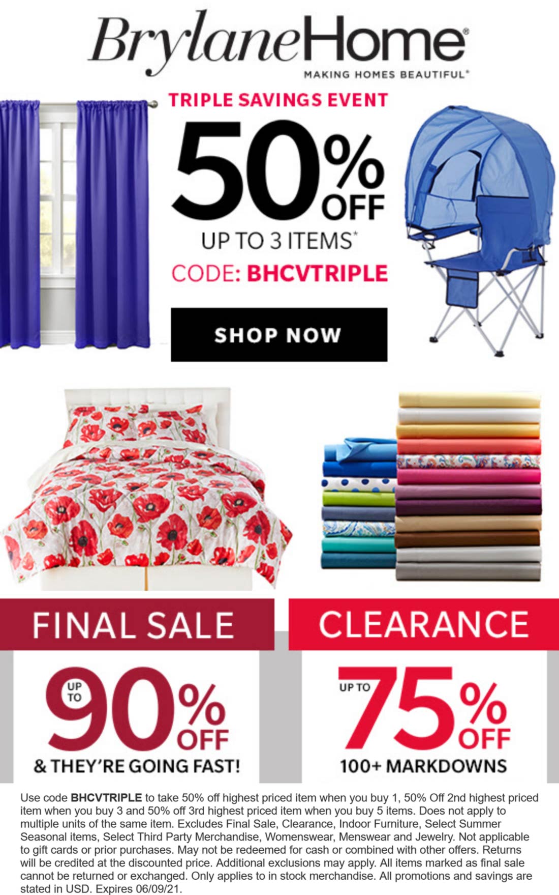 50 off 13 items at Brylane Home via promo code BHCVTRIPLE 