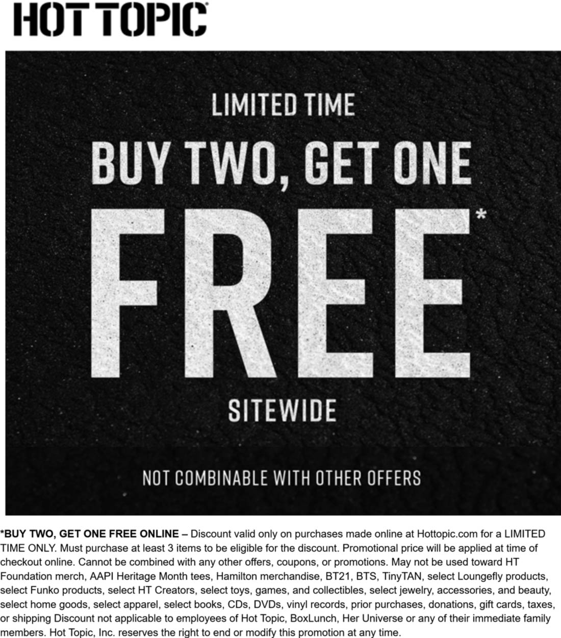 Hot Topic stores Coupon  3rd item free sitewide at Hot Topic #hottopic 