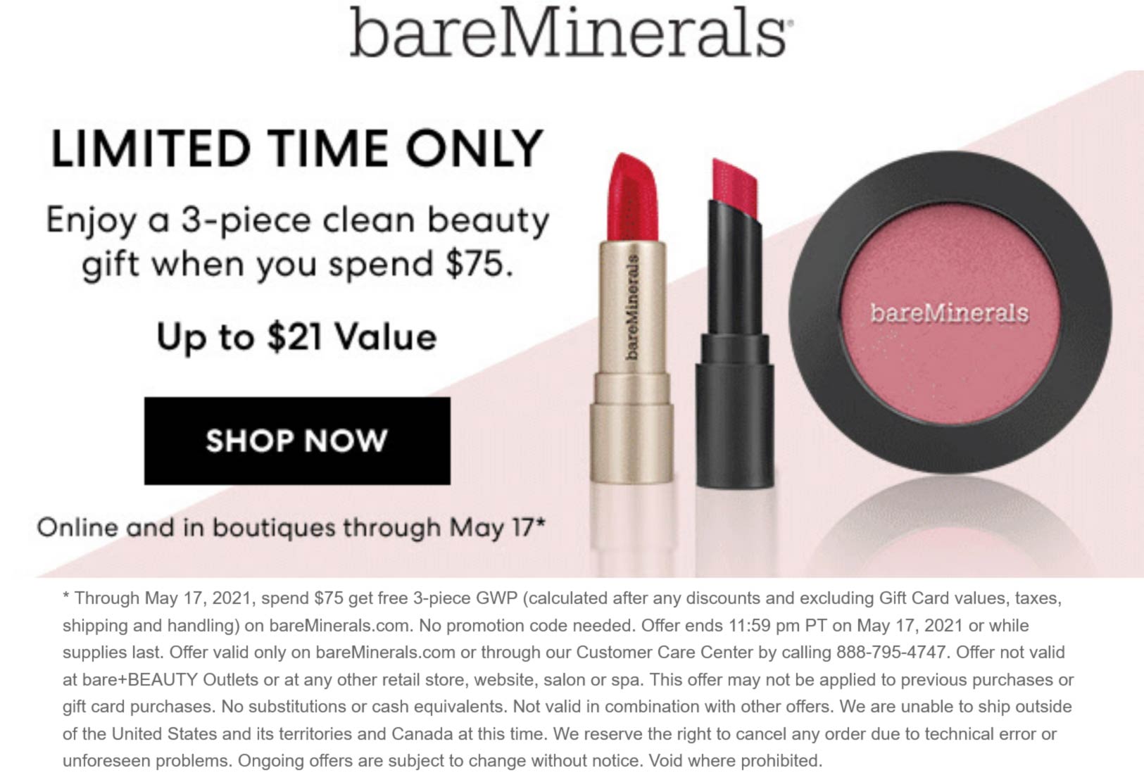bareMinerals stores Coupon  3-pc $21 set free with $75 spent at bareMinerals, ditto online #bareminerals 