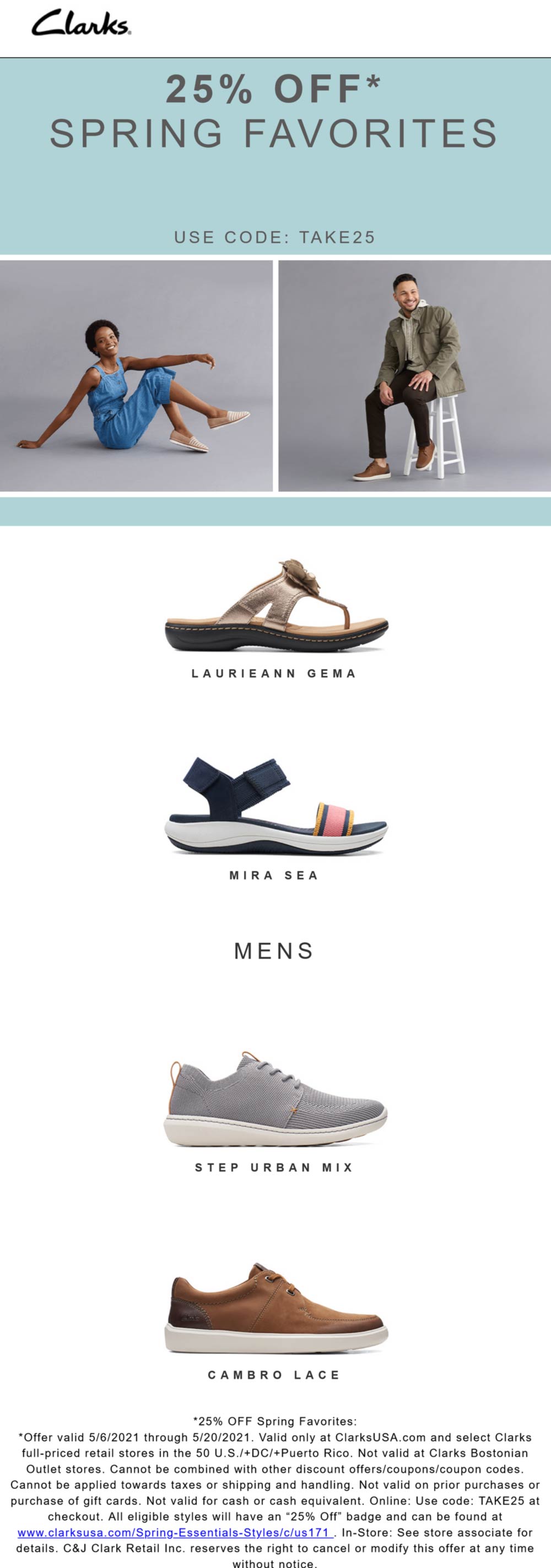 Clarks stores Coupon  25% off Spring shoes at Clarks, or online via promo code TAKE25 #clarks 