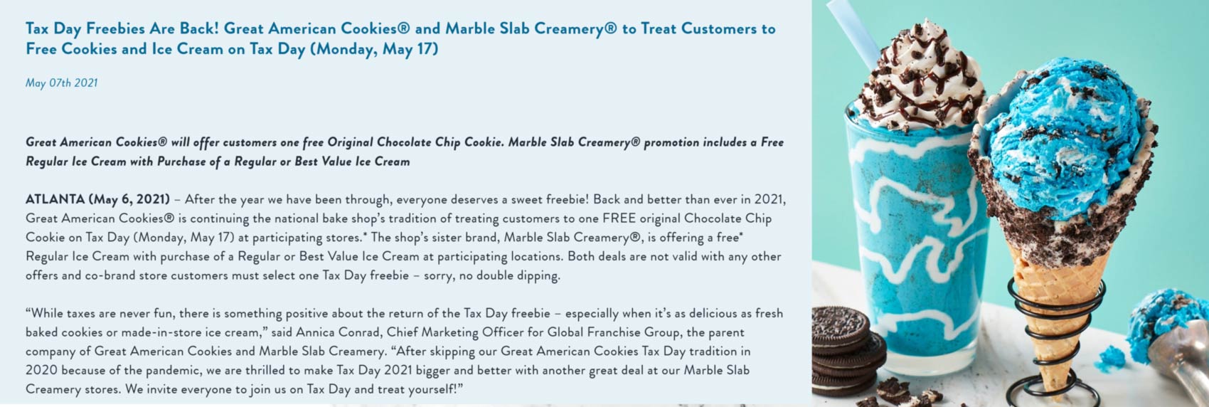 Free cookie at Great American Cookies or 2nd ice cream free today at