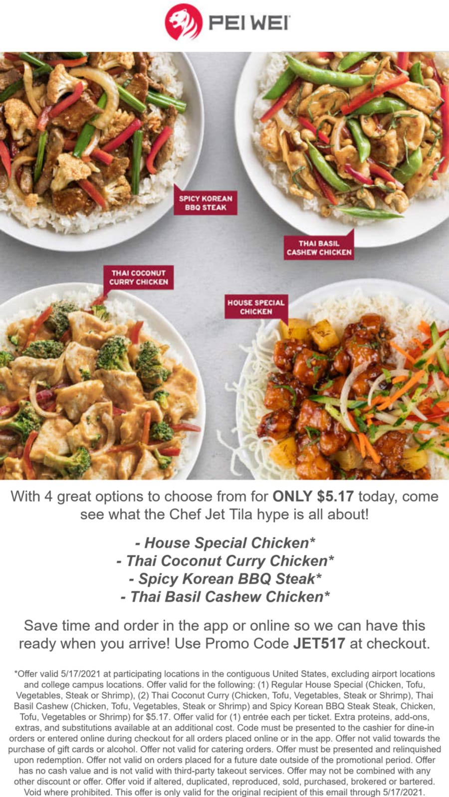 Pei Wei restaurants Coupon  Various $5.17 entrees today at Pei Wei, or order online via promo code JET517 #peiwei 