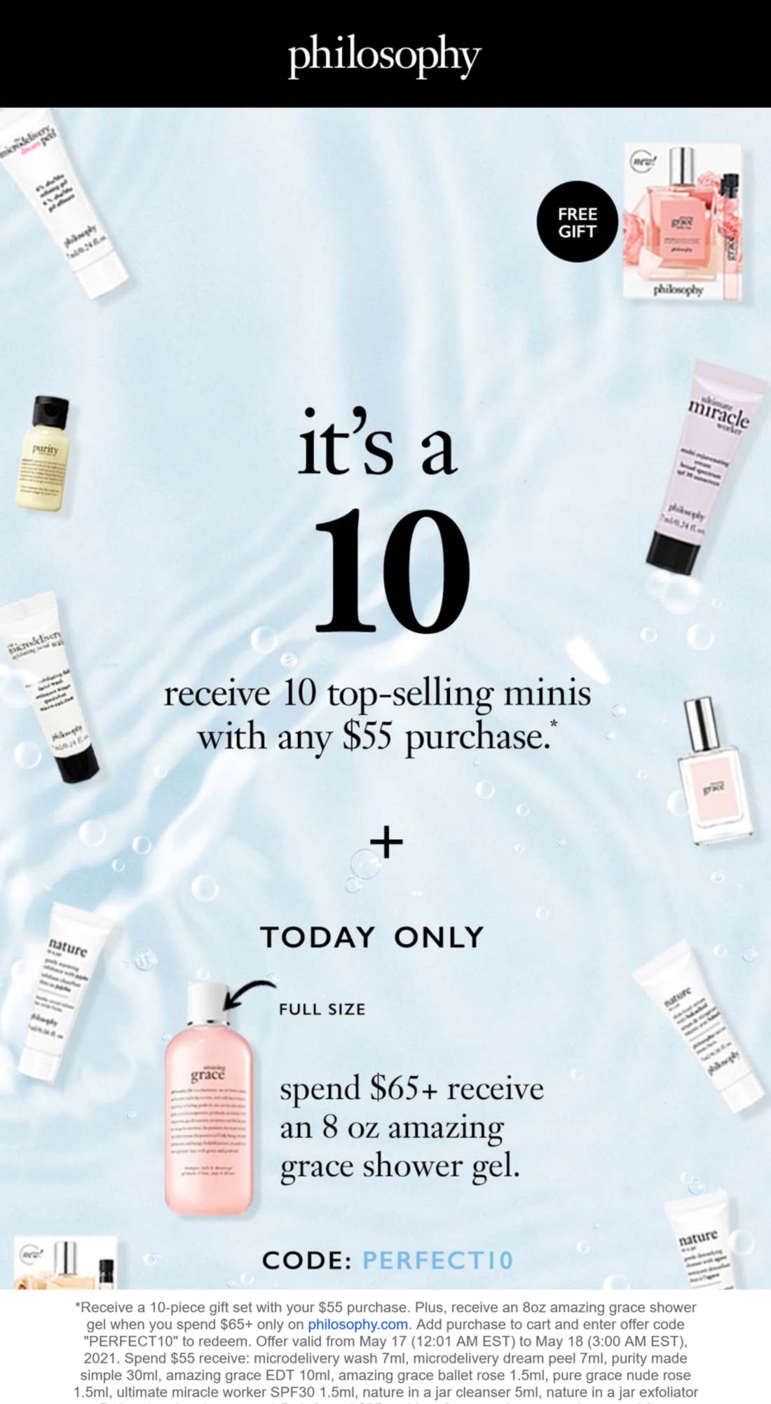 Philosophy stores Coupon  Free 10pc set + full size with $65 spent today at Philosophy via promo code PERFECT10 #philosophy 