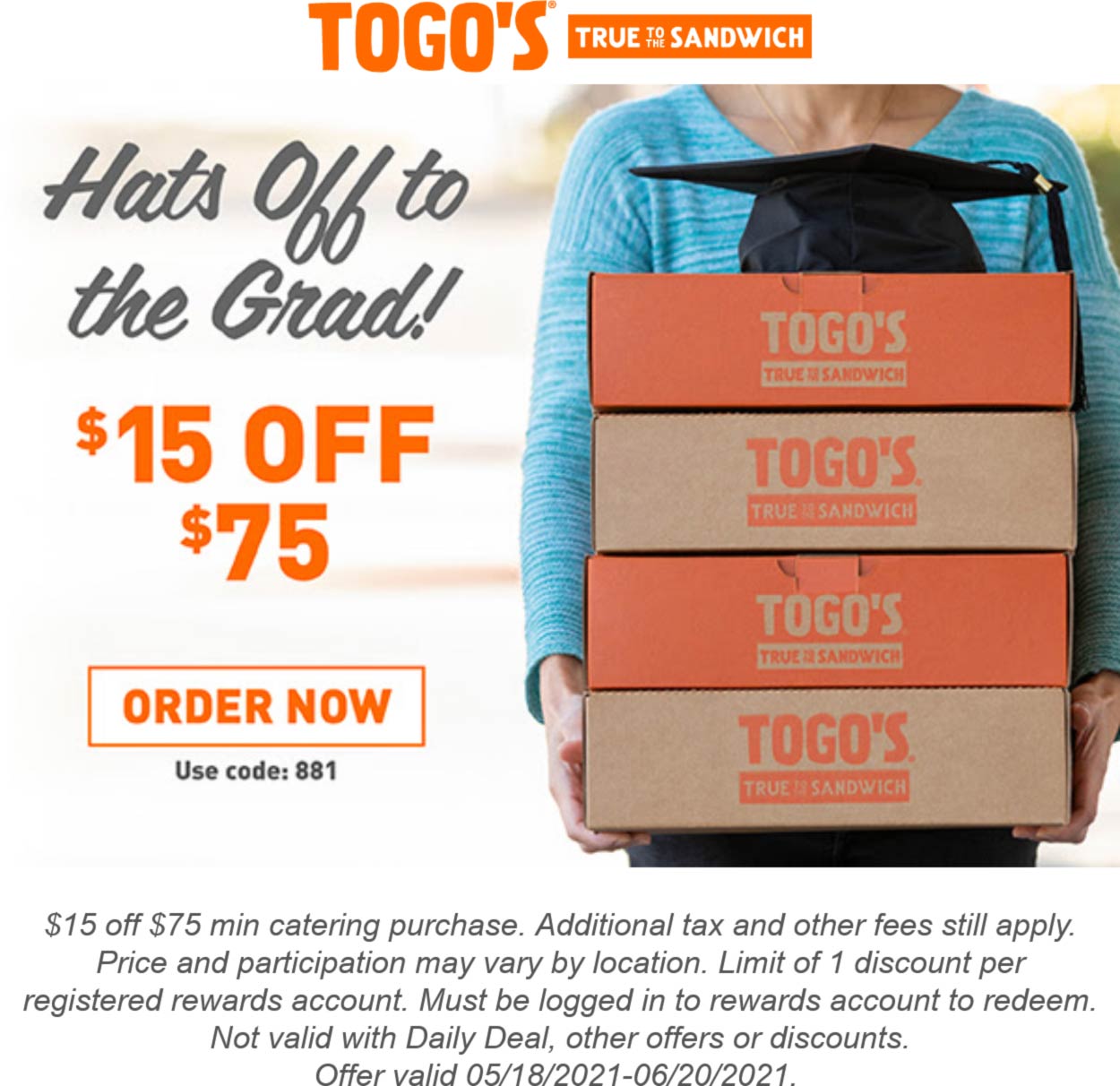 $15 off $75 at Togos sandwich restaurants via promo code 881 #togos ...