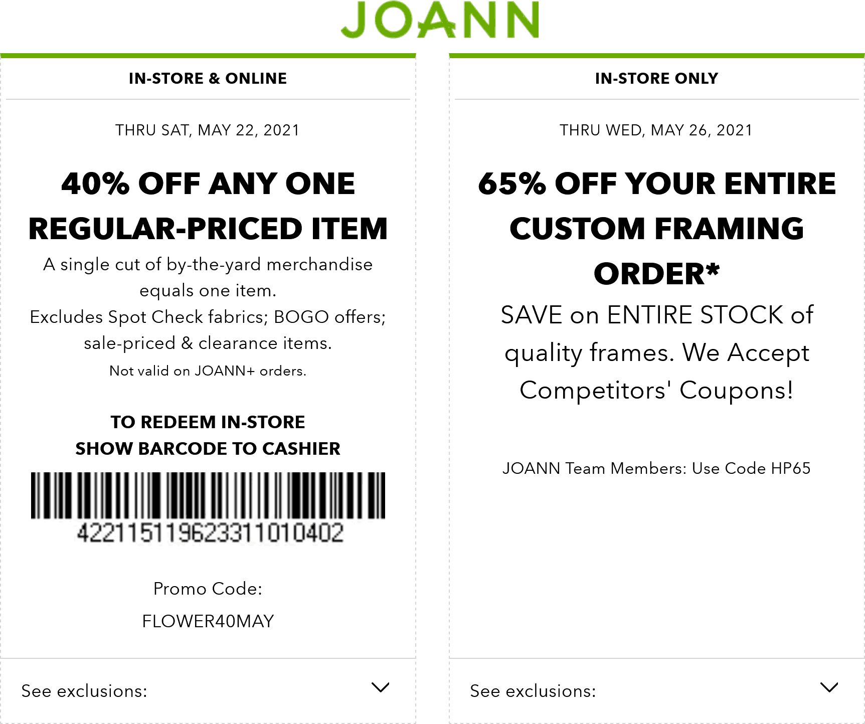 Joann stores Coupon  40% off a single item at Joann, or online via promo code FLOWER40MAY #joann 