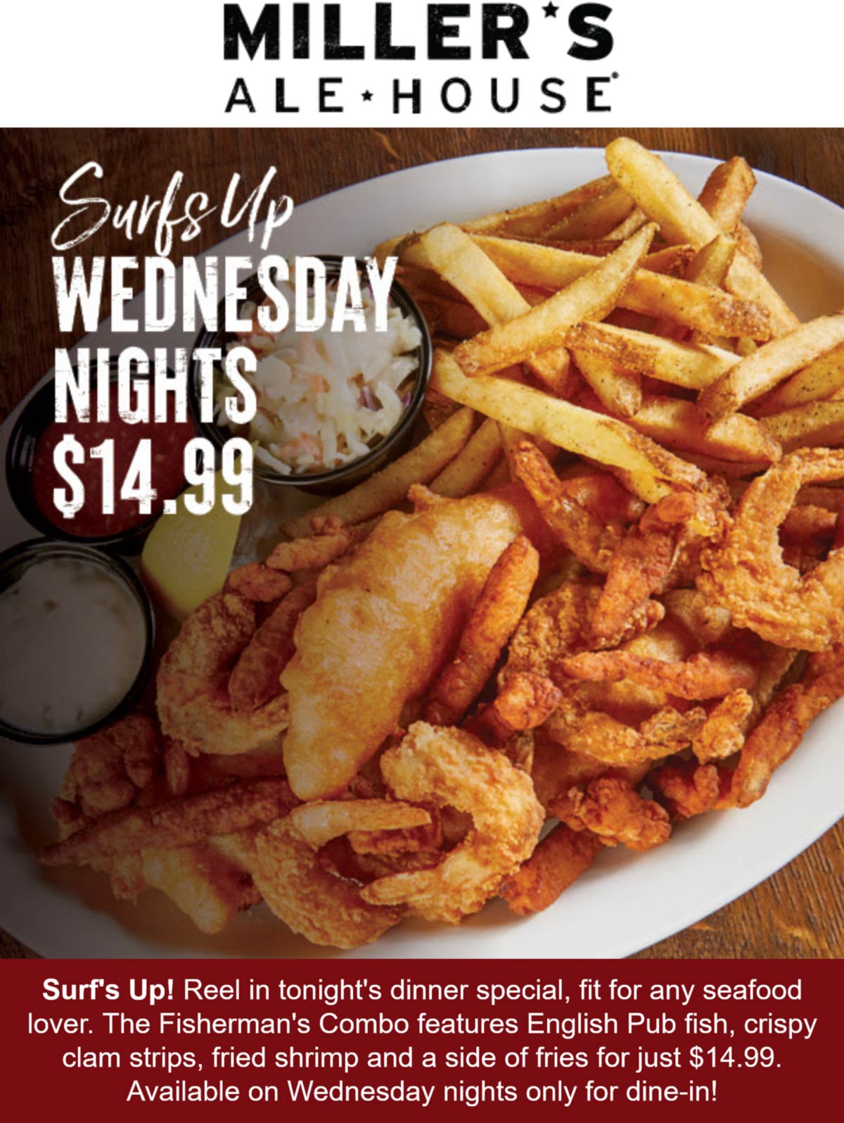 Millers Ale House restaurants Coupon  $15 fisherman combo meal today at Millers Ale House #millersalehouse 