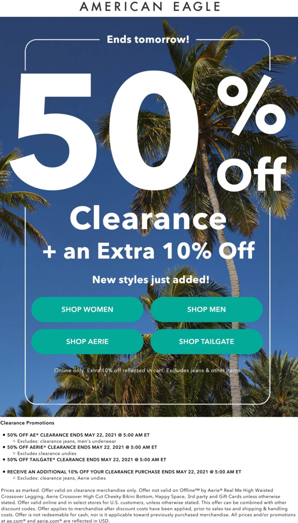 50 off clearance at American Eagle, ditto online americaneagle The