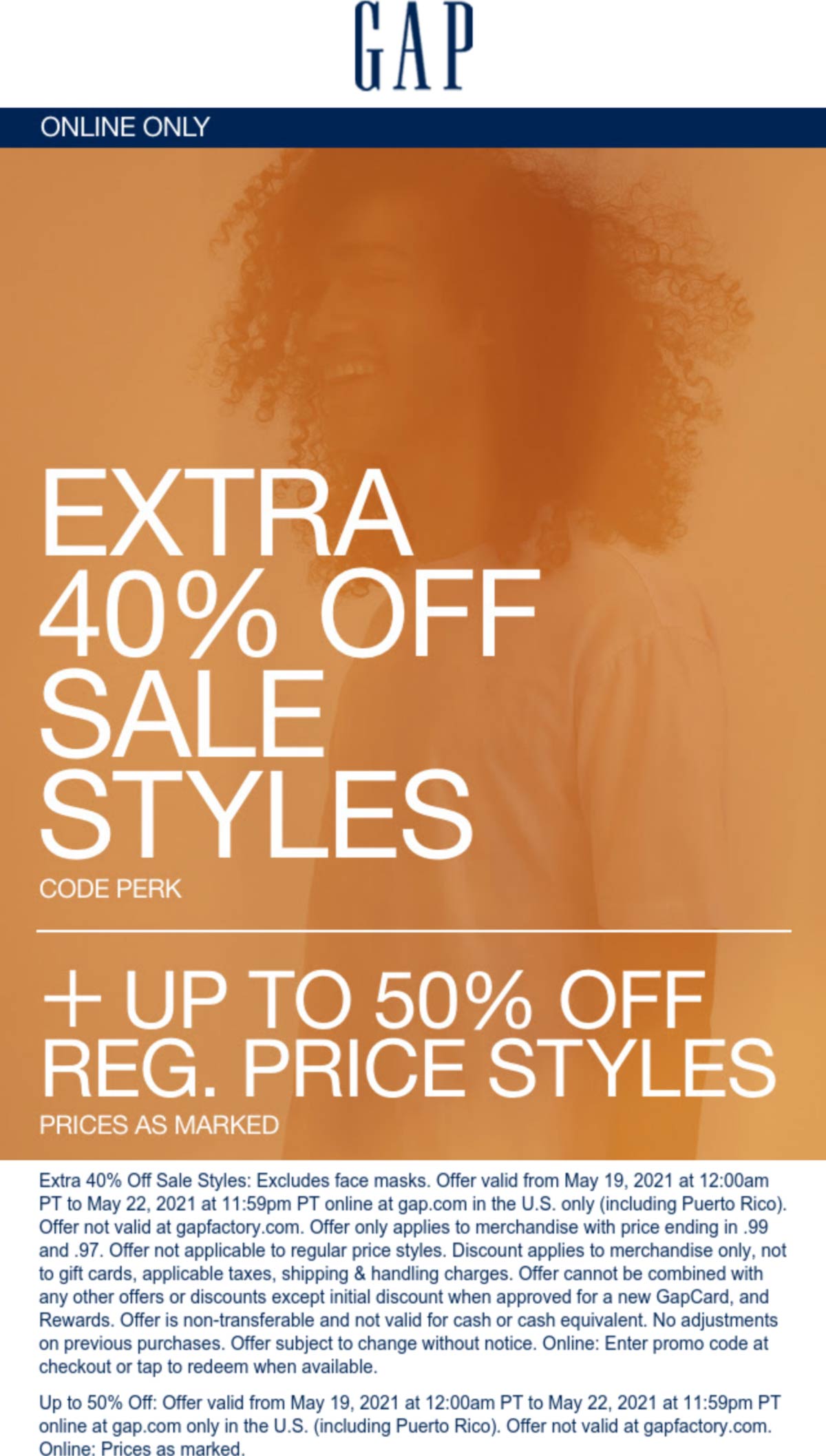 Extra 4050 off online at Gap via promo code PERK gap The Coupons App®