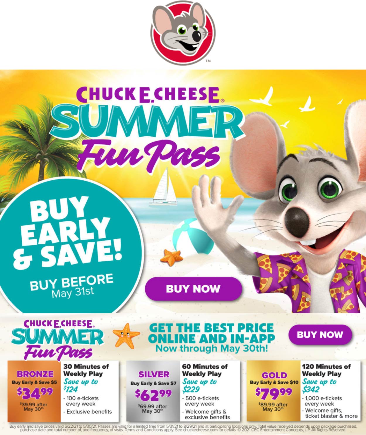 Chuck E. Cheese restaurants Coupon  30min per week of game play all summer for $35 at Chuck E. Cheese pizza #chuckecheese 