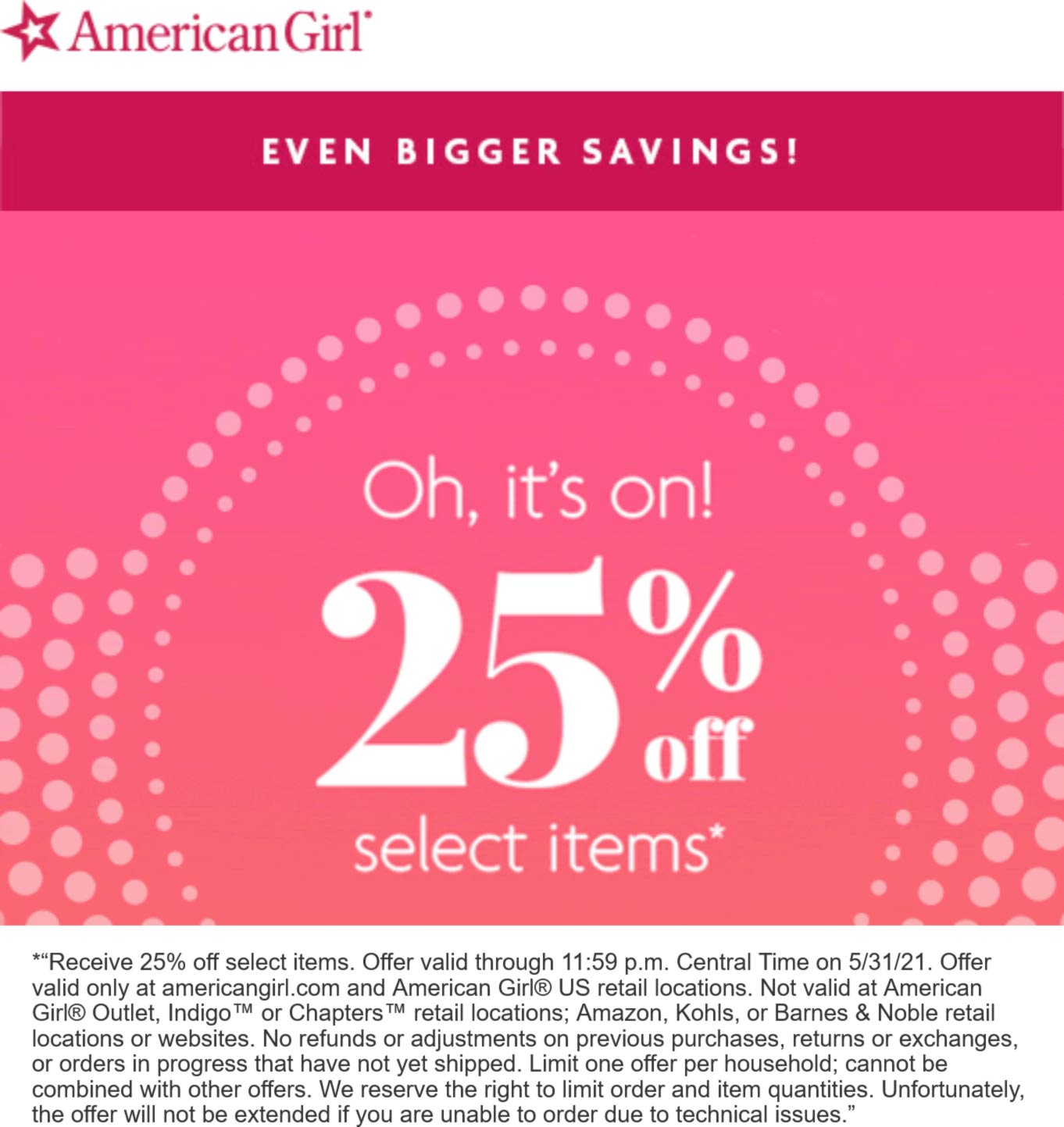 American Girl stores Coupon  25% off various at American Girl, ditto online #americangirl 