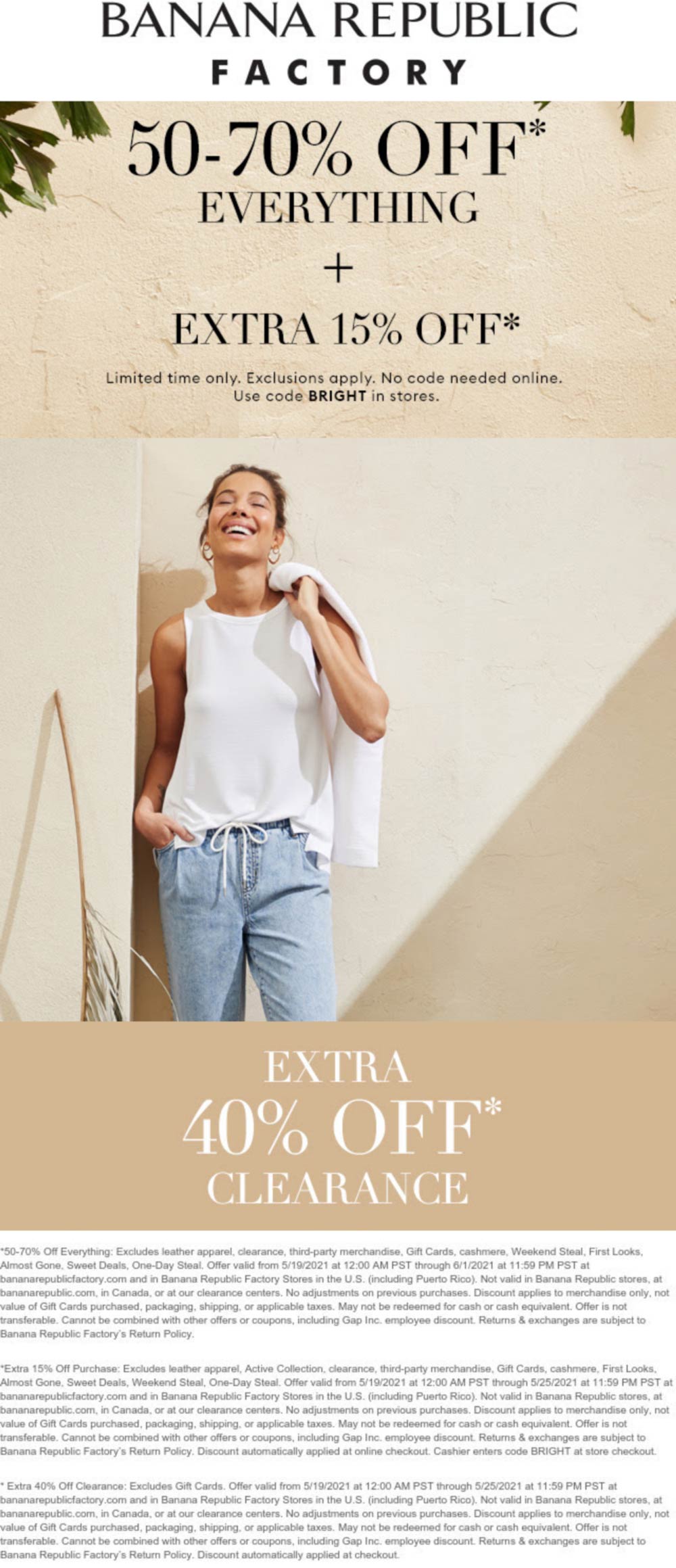 Banana Republic Factory stores Coupon  50-70% off everything at Banana Republic Factory, ditto online #bananarepublicfactory 