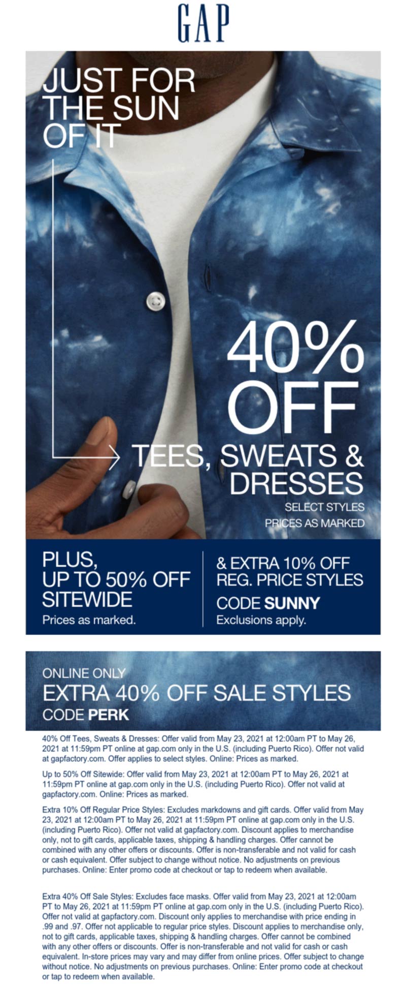 4060 off online at Gap via promo code SUNNY gap The Coupons App®