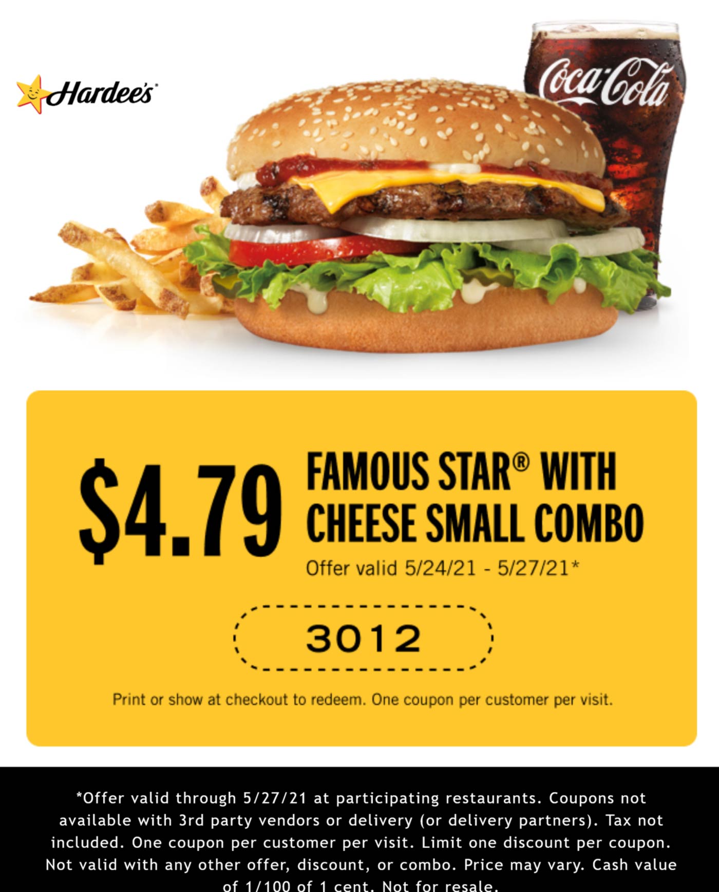 Hardees restaurants Coupon  Famous star cheeseburger combo meal = $4.79 at Hardees #hardees 