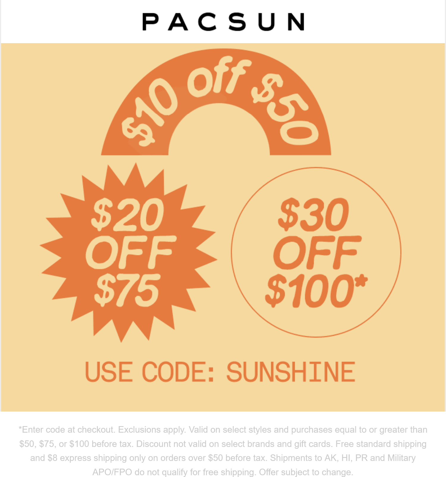 PacSun stores Coupon  $10-$30 off $50+ online at PacSun via promo code SUNSHINE #pacsun 