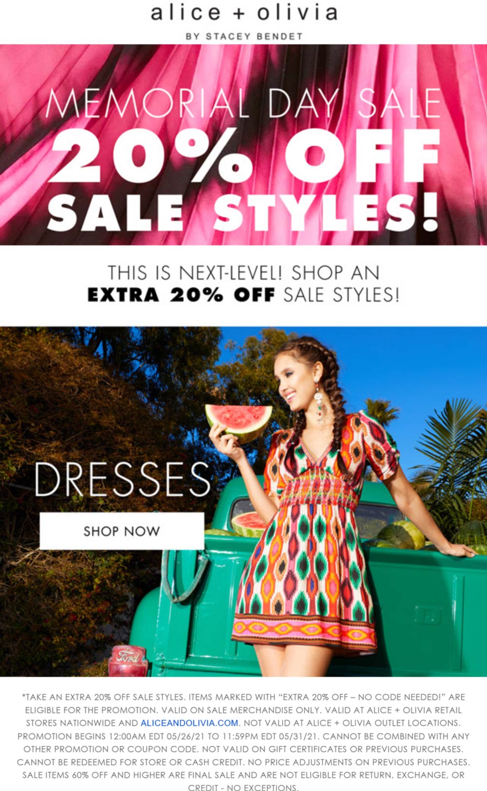 Alice + Olivia stores Coupon  Extra 20% off sale styles at Alice + Olivia, ditto online #aliceolivia 