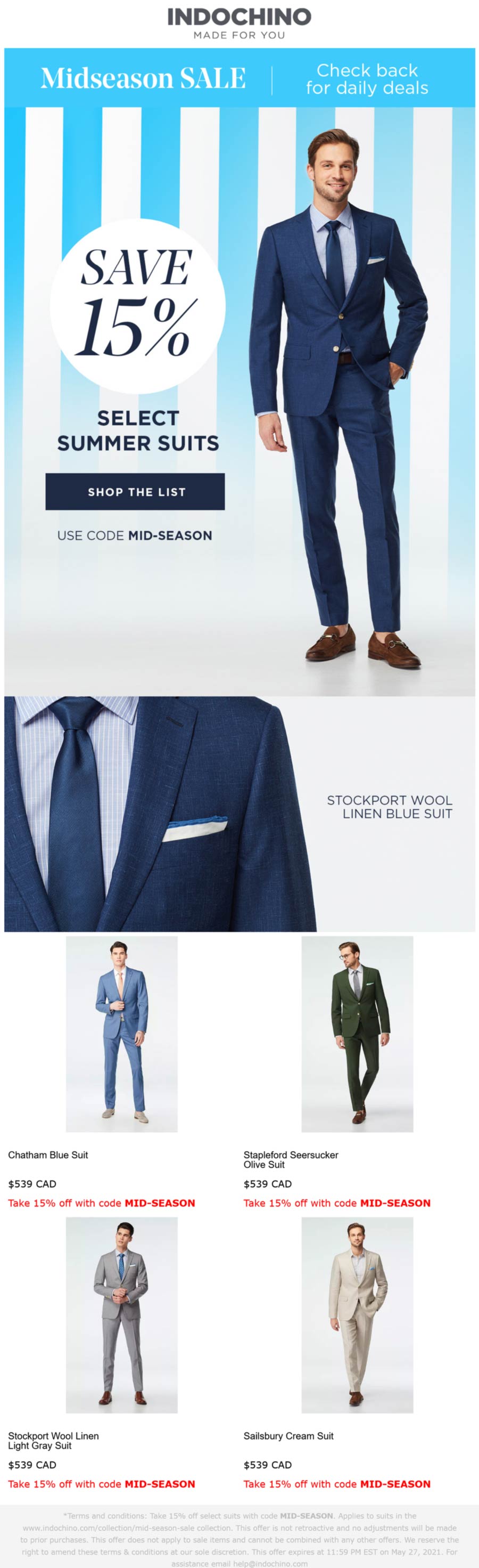 Indochino stores Coupon  15% off suits at Indochino via promo code MID-SEASON #indochino 