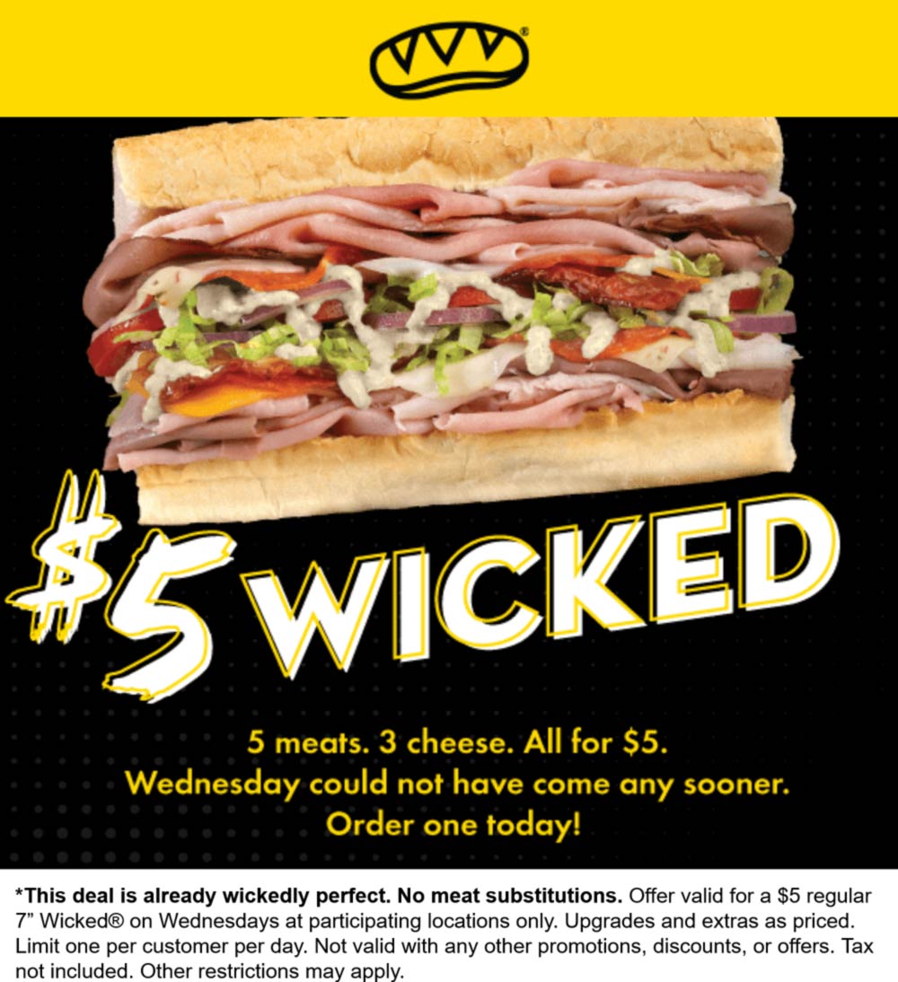 Which Wich restaurants Coupon  5 meats 3 cheese wicked sandwich for $5 today at Which Wich #whichwich 