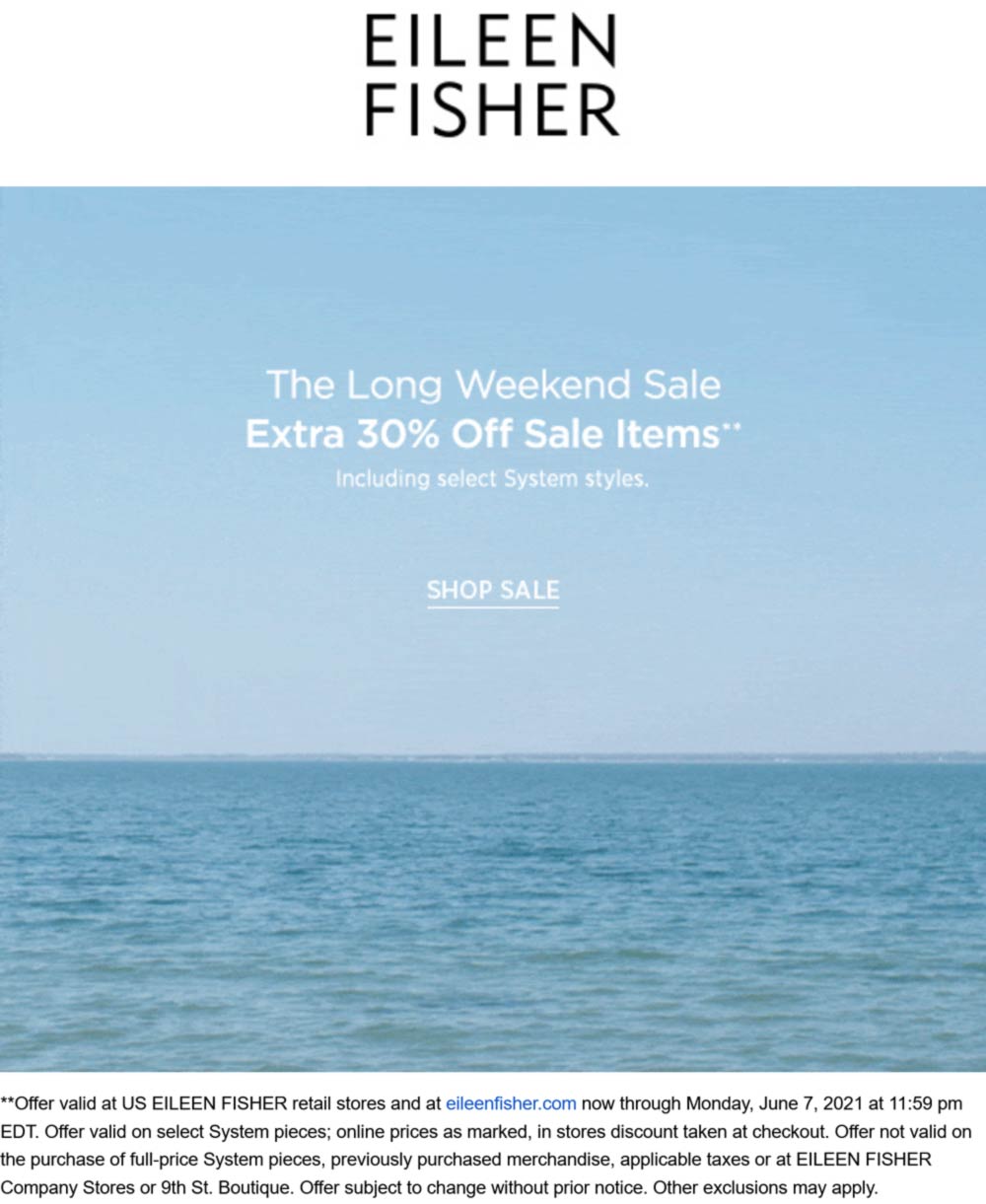 Eileen Fisher stores Coupon  Extra 30% off sale items at Eileen Fisher, ditto online #eileenfisher 