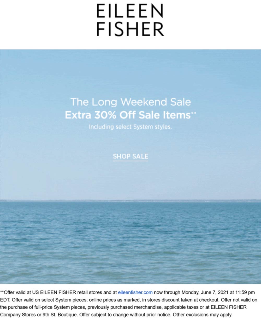 Extra 30 off sale items at Eileen Fisher, ditto online eileenfisher