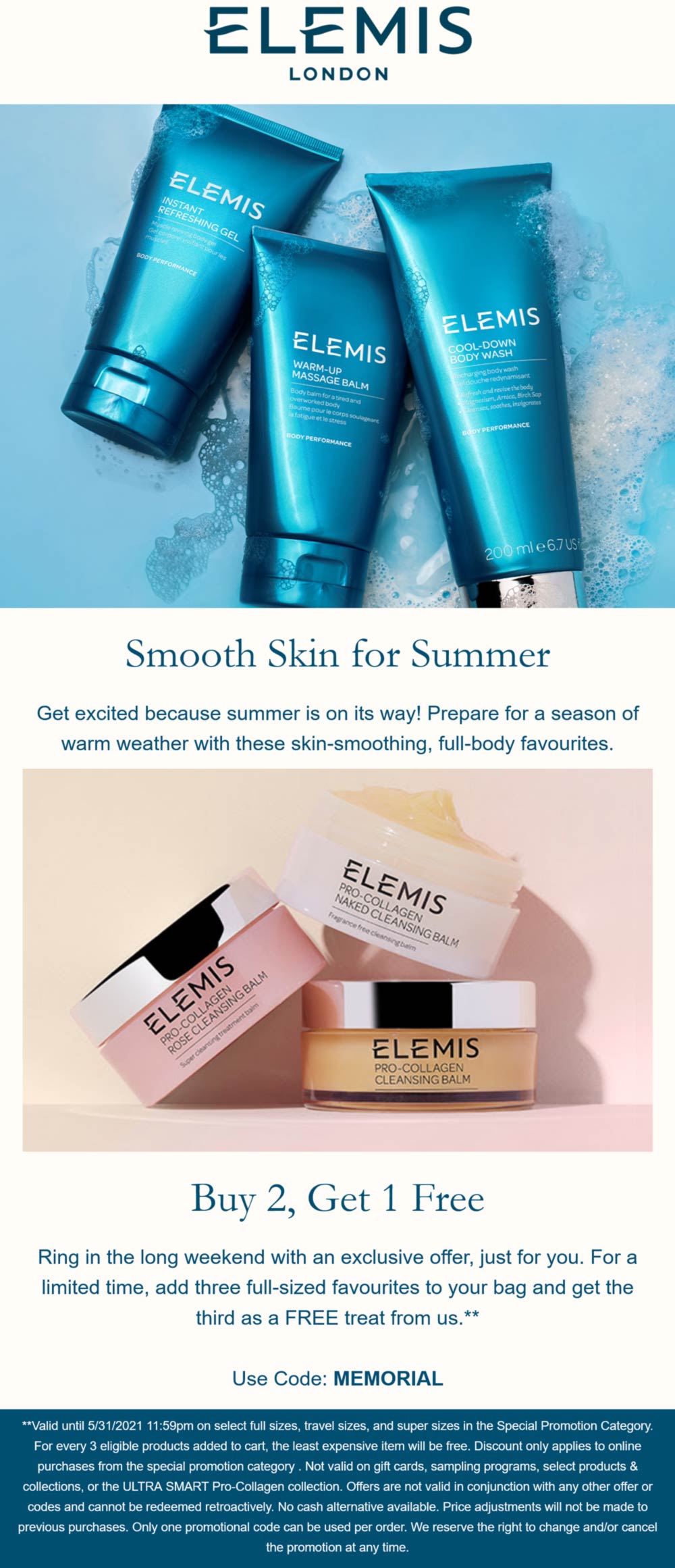 Elemis stores Coupon  3rd full size cosmetic free at Elemis via promo code MEMORIAL #elemis 