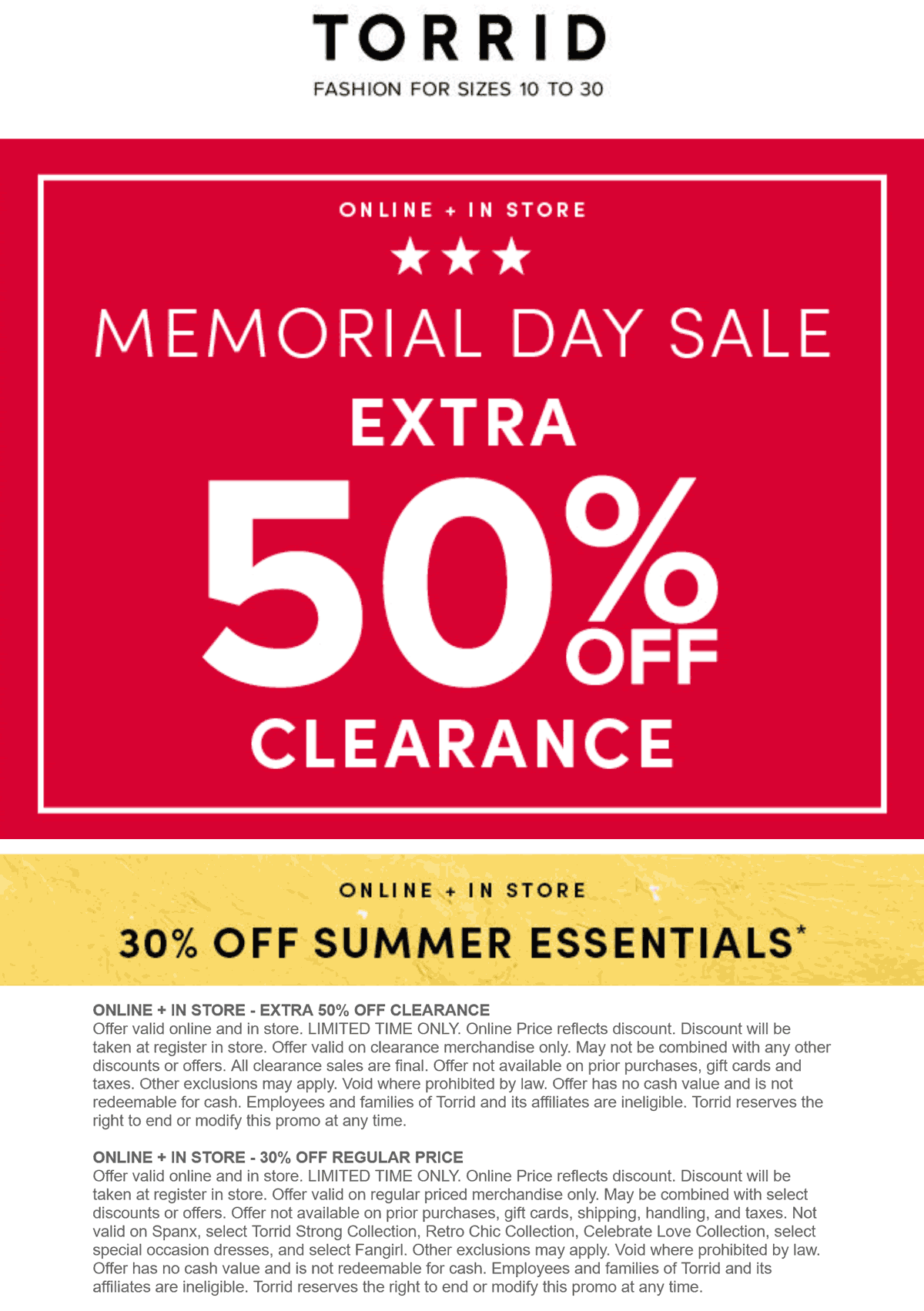 Torrid stores Coupon  Extra 50% off clearance & 30% off Summer at Torrid, ditto online #torrid 
