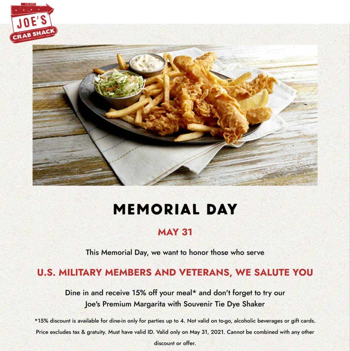 Joes Crab Shack restaurants Coupon  Military & veterans enjoy 15% off Monday at Joes Crab Shack restaurants #joescrabshack 