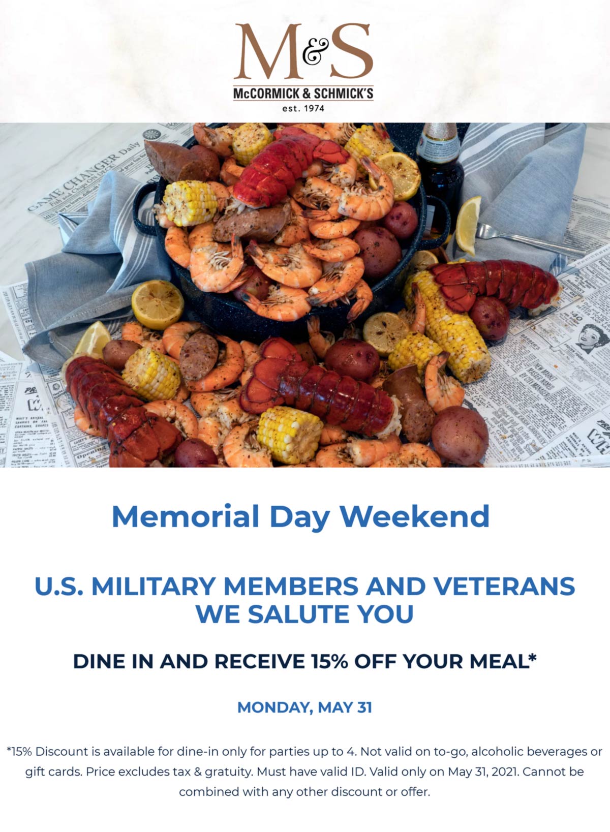 McCormick & Schmicks restaurants Coupon  Military & veterans enjoy 15% off Monday at McCormick & Schmicks restaurants #mccormickschmicks 