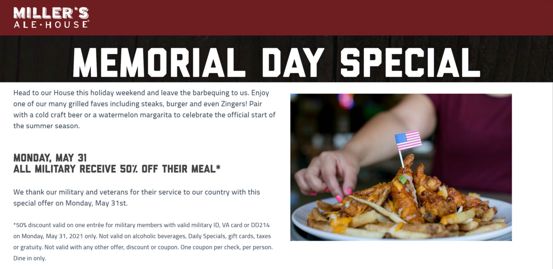 Millers Ale House restaurants Coupon  Military enjoy 50% off an entree Monday at Millers Ale House #millersalehouse 