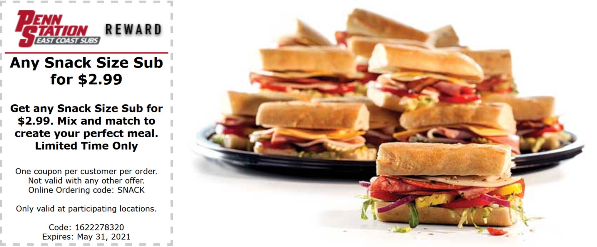 Penn Station restaurants Coupon  $3 snack size sub sandwiches at Penn Station restaurants via promo code SNACK #pennstation 