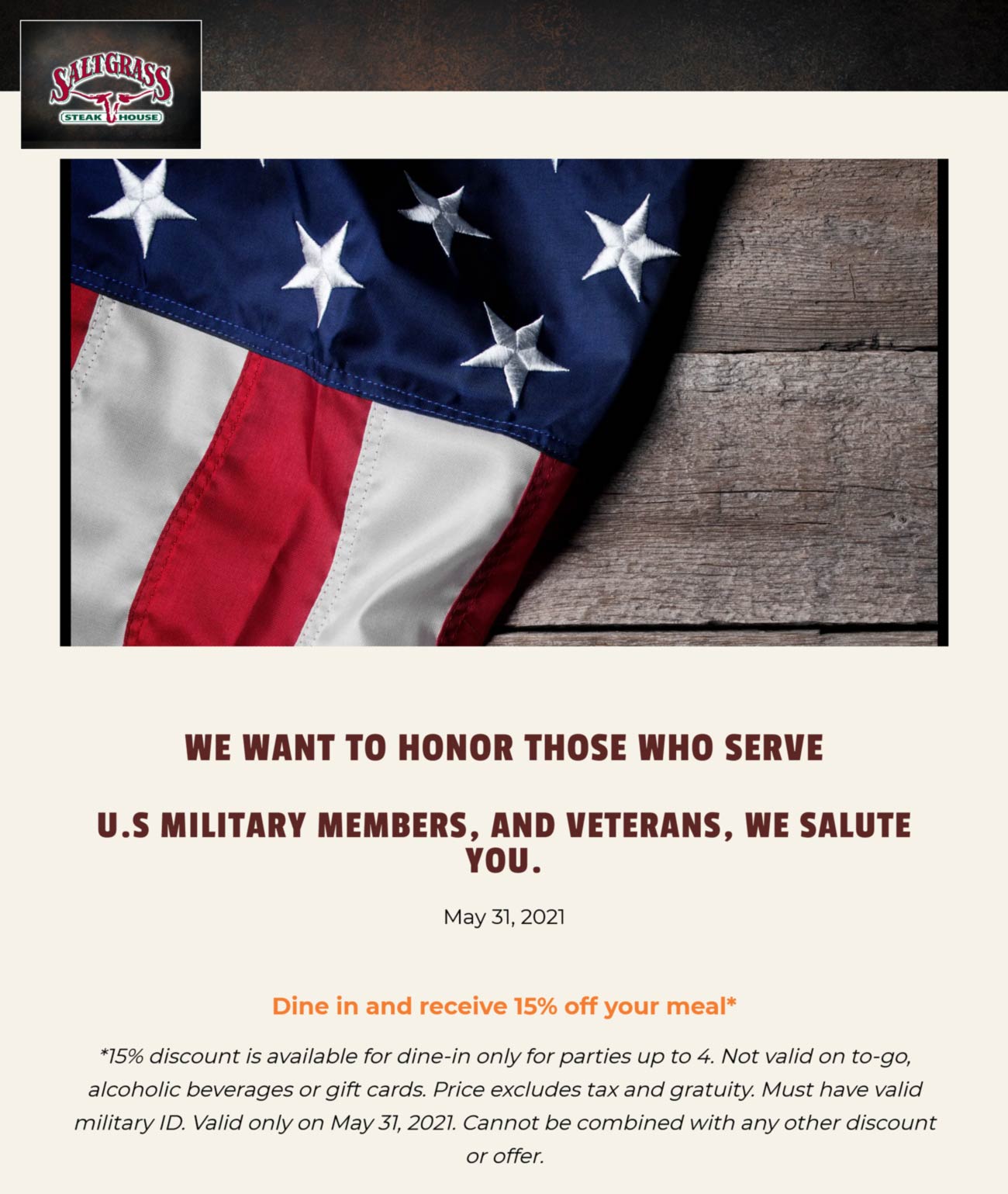 Saltgrass Steakhouse restaurants Coupon  Military score 15% off their table Monday at Saltgrass Steakhouse restaurants #saltgrasssteakhouse 