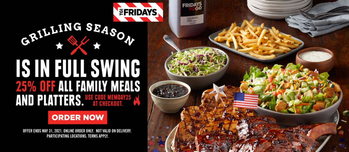 25 off family meals & platters at TGI Fridays restaurants via promo