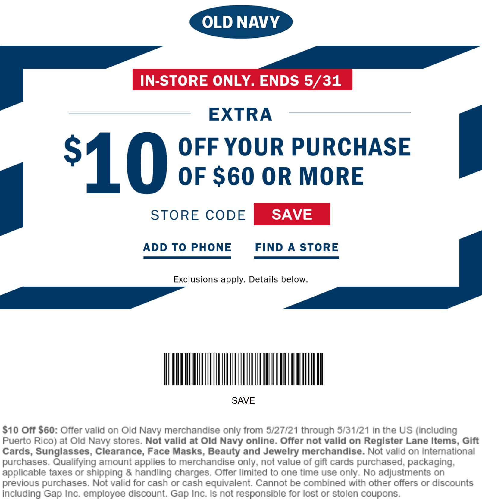 $10 off $60 at Old Navy #oldnavy | The Coupons App®