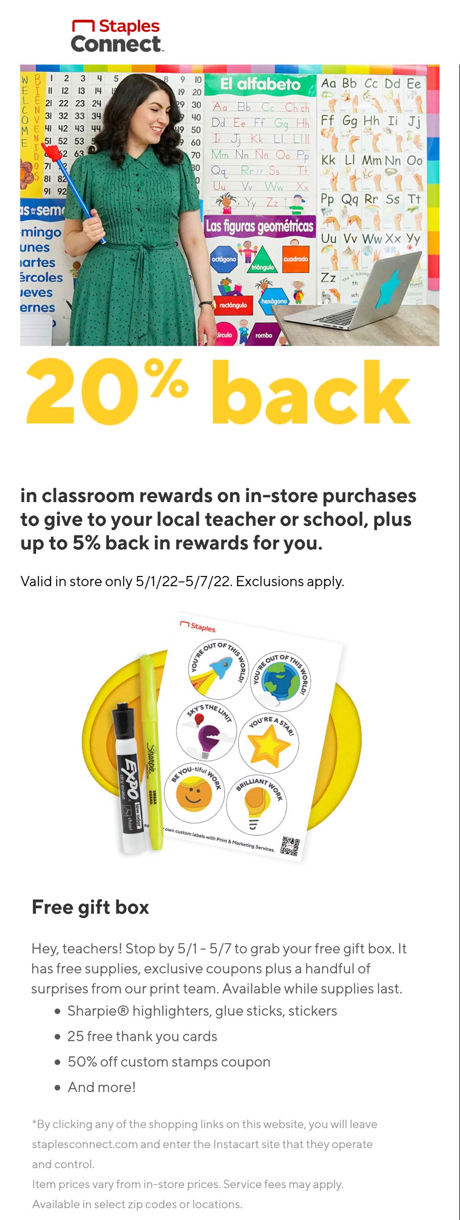 Staples stores Coupon  Teachers score a free gift box + everyone donating school supplies get 20% off at Staples #staples 
