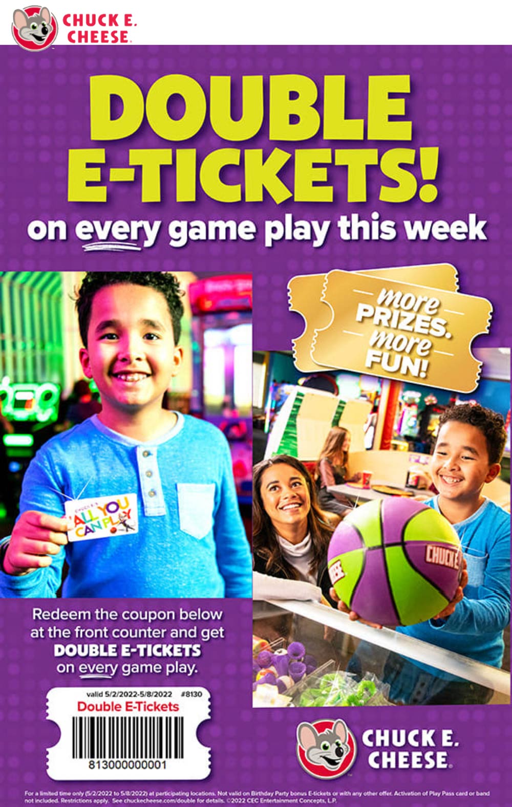 Chuck E. Cheese restaurants Coupon  Double the redemption value of prize tickets at Chuck E. Cheese pizza #chuckecheese 