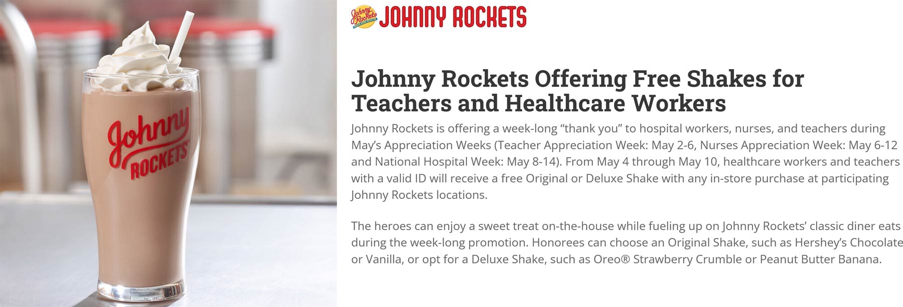 Johnny Rockets restaurants Coupon  Healthcare & teachers enjoy free milkshakes at Johnny Rockets restaurants #johnnyrockets 
