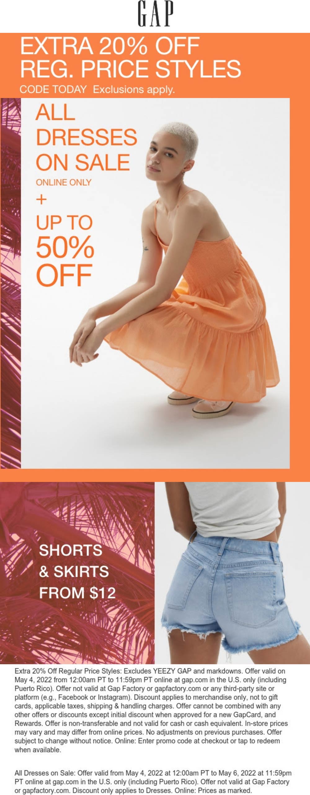 Gap stores Coupon  Extra 20% off online today at Gap via promo code TODAY #gap 