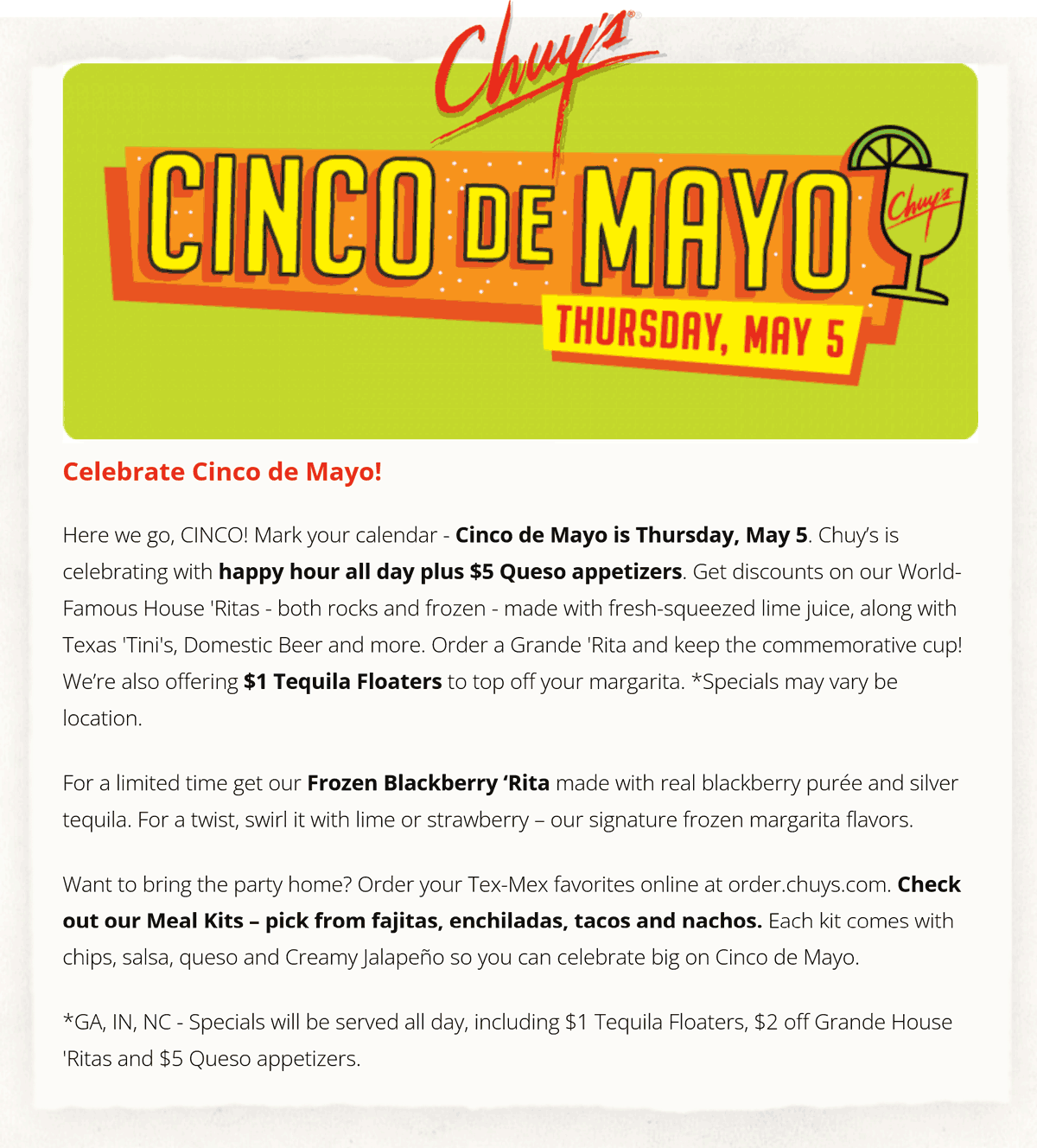 Chuys restaurants Coupon  $5 queso appetizers & all day happy hour today at Chuys restaurants #chuys 