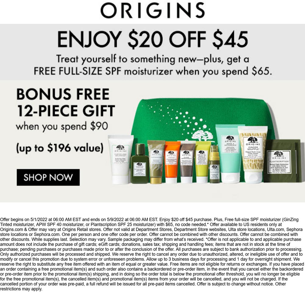 Origins stores Coupon  $20 off $45 + free full size on $65 & 12pc on $90 at Origins cosmetics #origins 