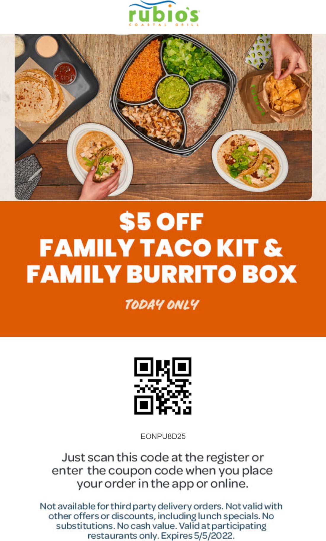 Rubios restaurants Coupon  $5 off family taco burrito box today at Rubios Coastal Grill #rubios 