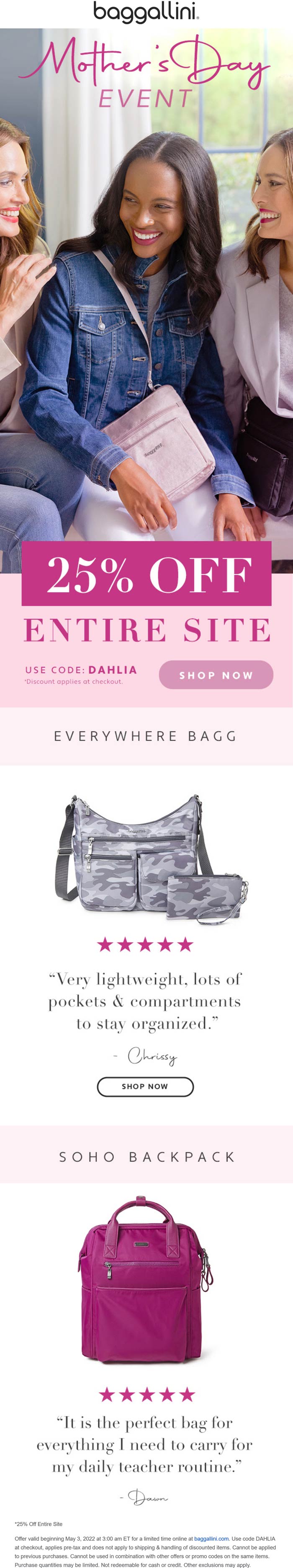 Baggallini stores Coupon  25% off everything online at Baggallini via promo code DAHLIA #baggallini 
