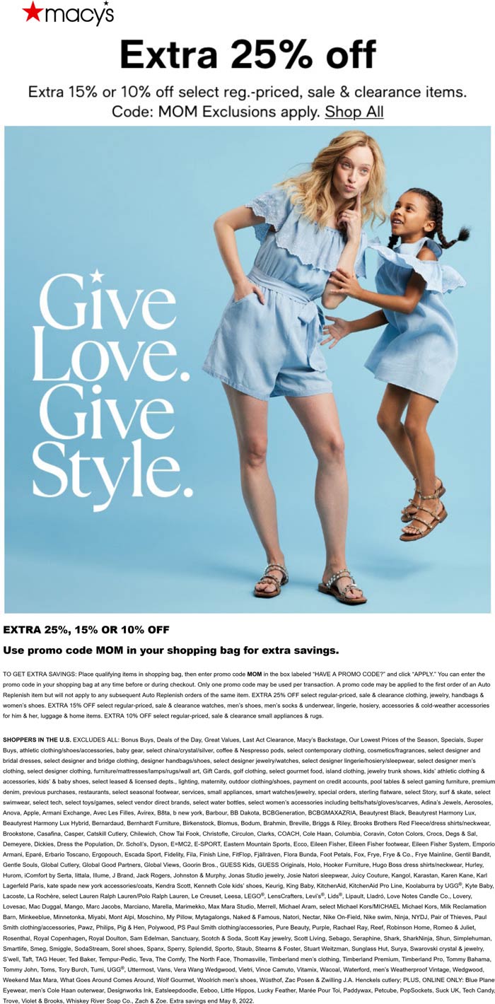 Macys stores Coupon  10-25% off at Macys, or online via promo code MOM #macys 