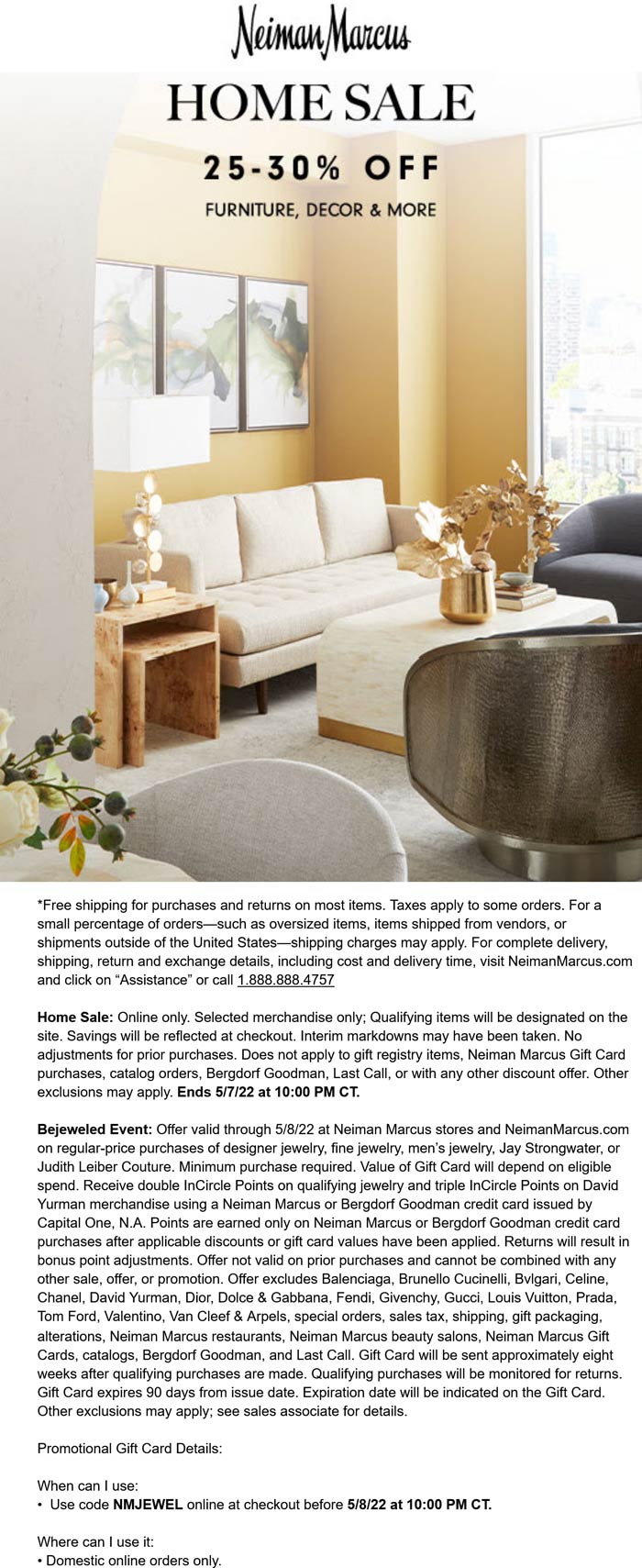 Neiman Marcus stores Coupon  25-30% off furniture & decor online at Neiman Marcus #neimanmarcus 