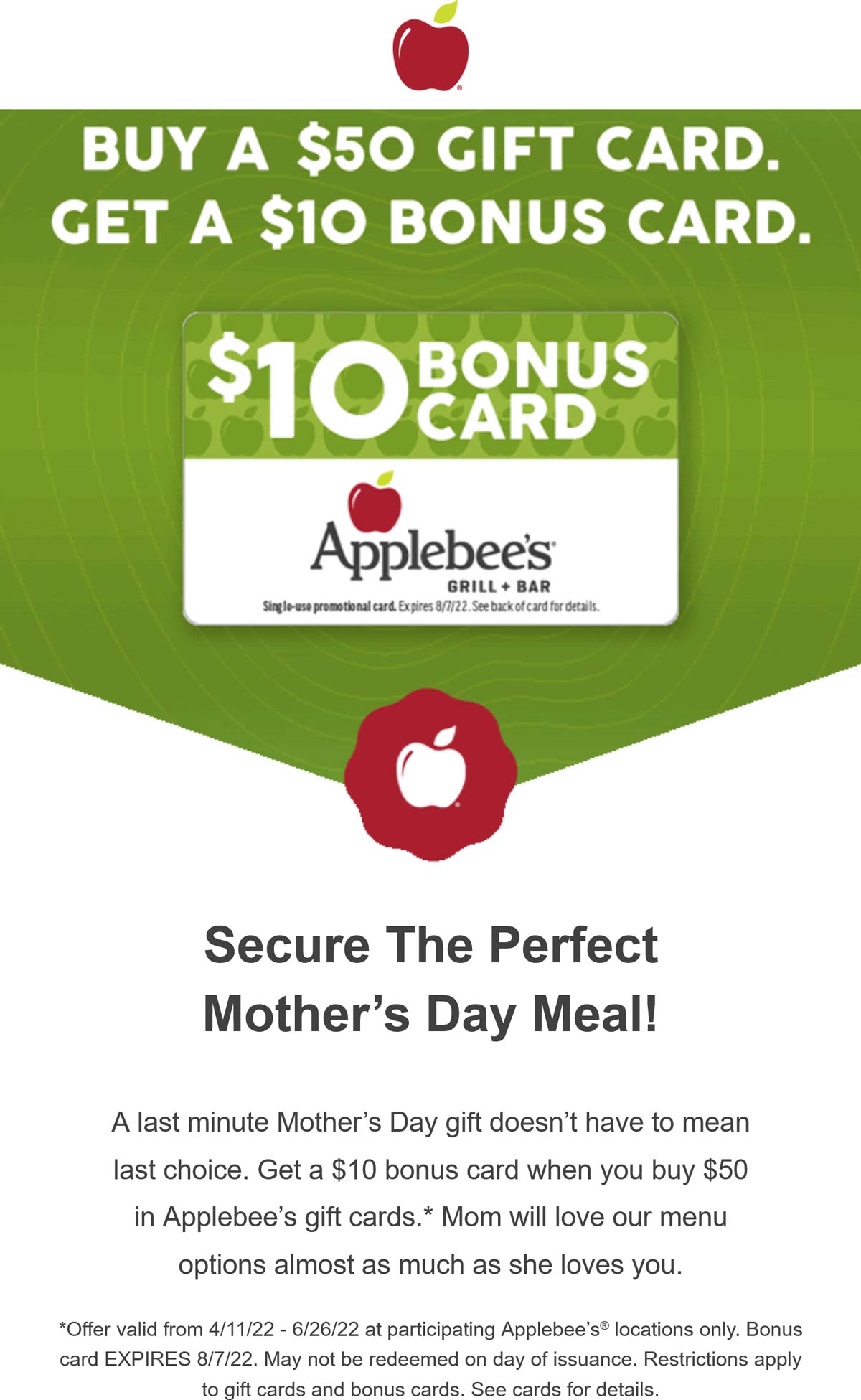 Applebees restaurants Coupon  Free $10 card with $50 card purchase at Applebees restaurants #applebees 