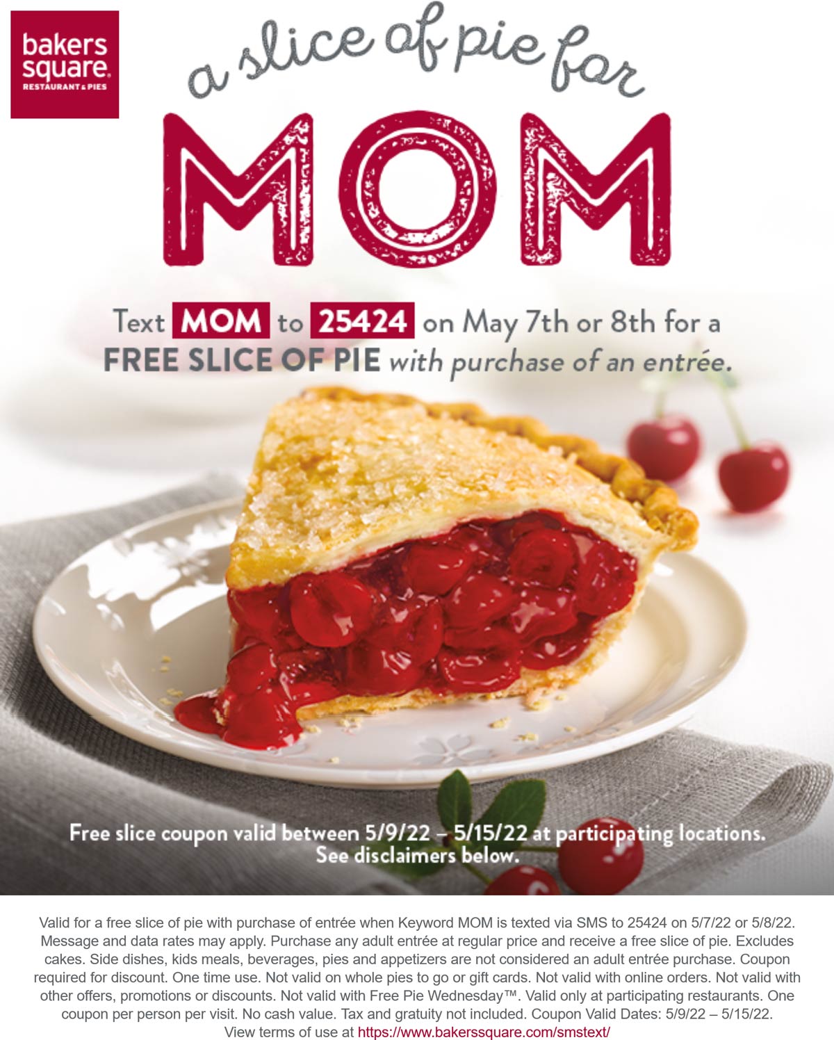 Bakers Square restaurants Coupon  Free slice of pie for mom via text at Bakers Square #bakerssquare 