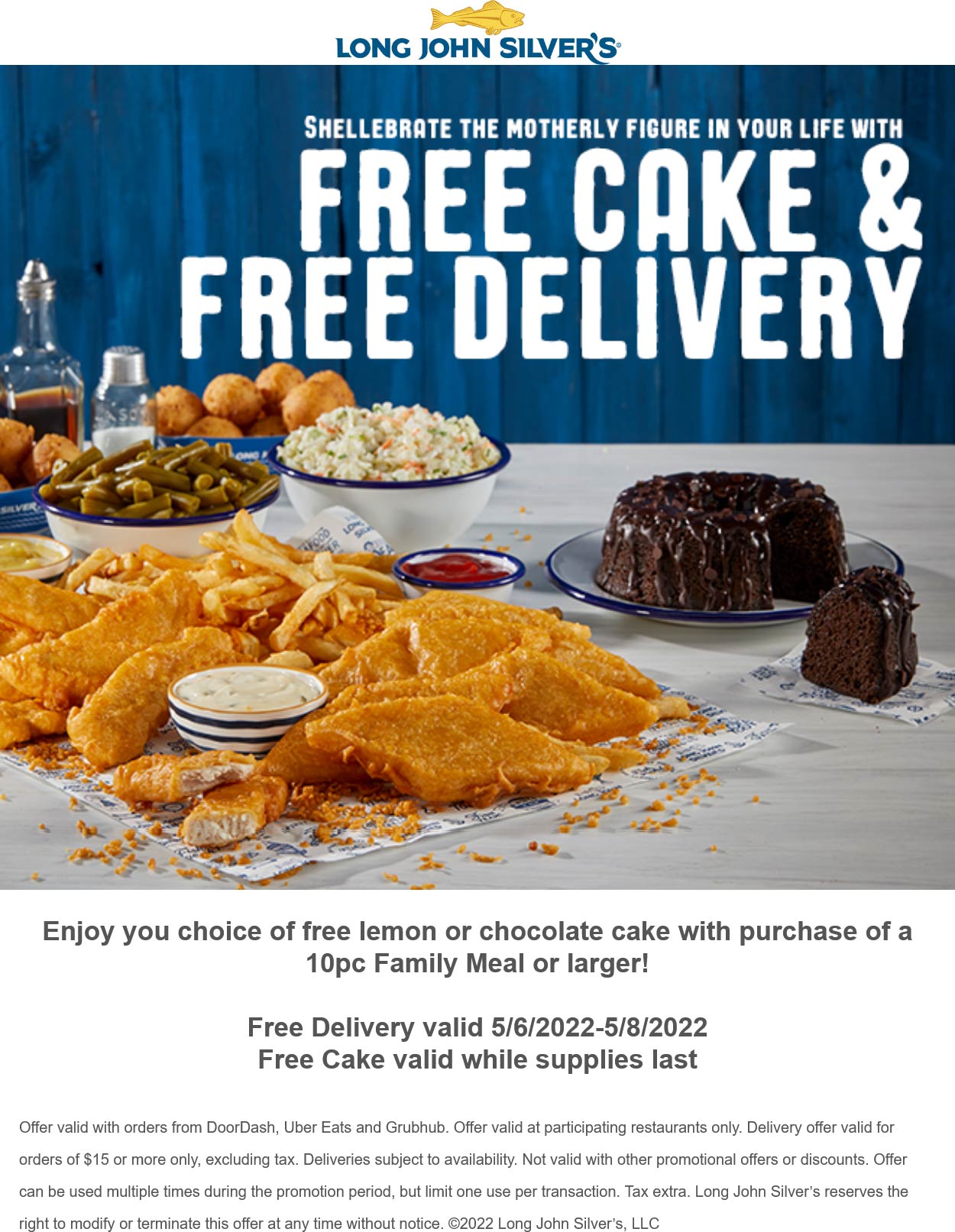Long John Silvers restaurants Coupon  Free cake & delivery with your family meal at Long John Silvers #longjohnsilvers 