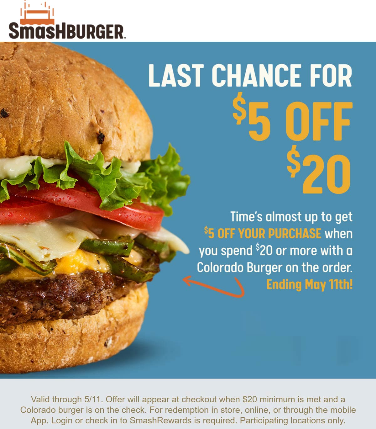 Smashburger restaurants Coupon  $5 off $20 at Smashburger restaurants #smashburger 