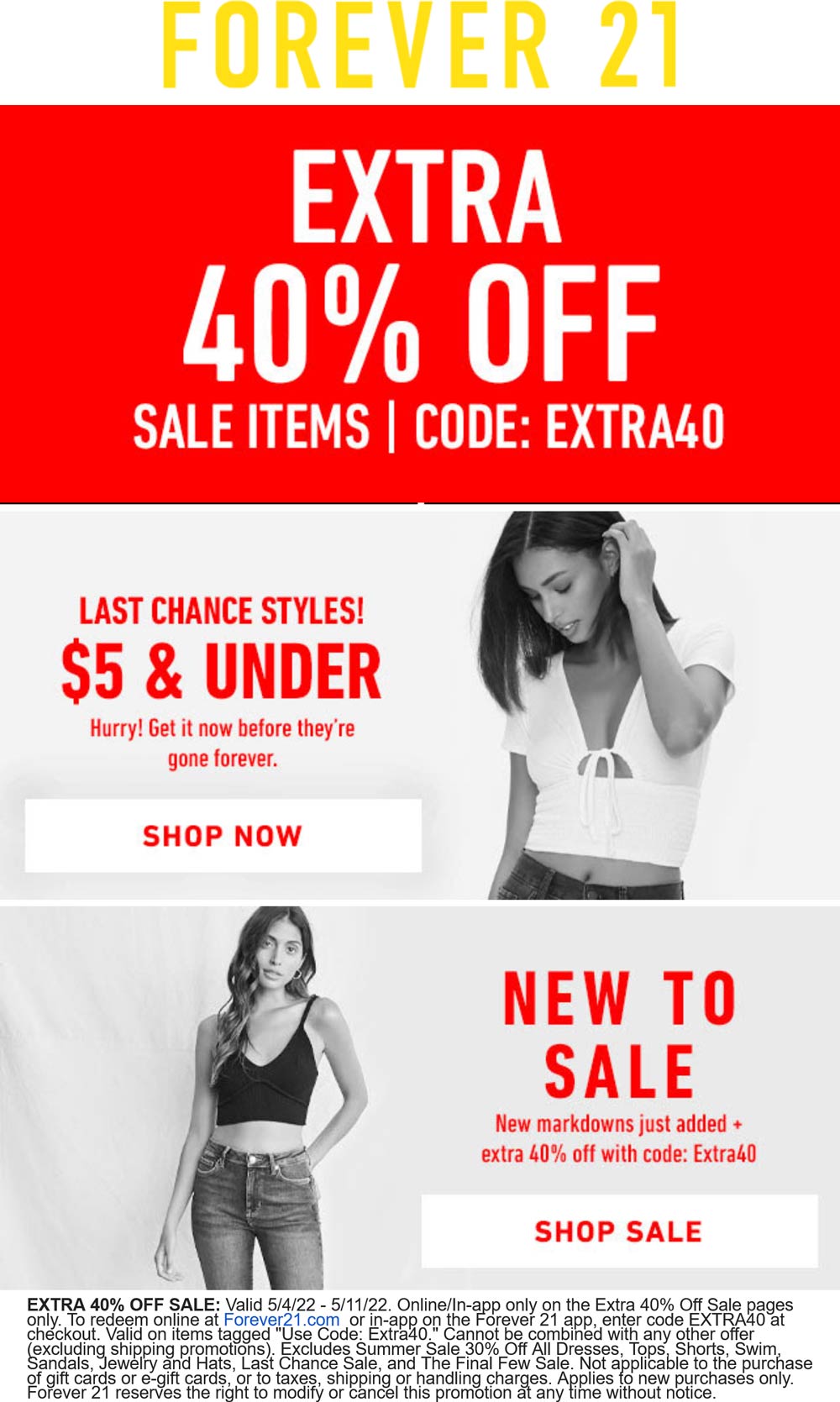 Forever 21 stores Coupon  Extra 40% off sale items online at Forever 21 via promo code EXTRA40 #forever21 