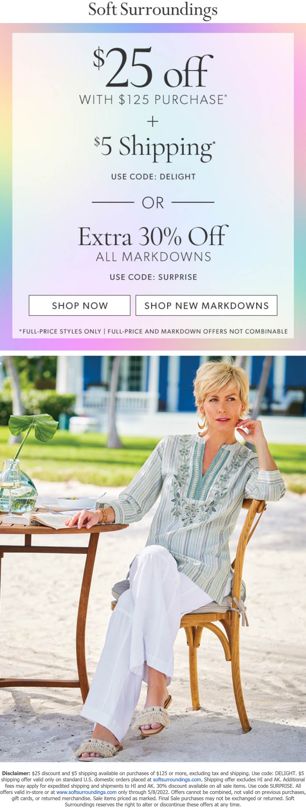 Soft Surroundings stores Coupon  $25 off $125 & 30% off sale items at Soft Surroundings via promo code SURPRISE #softsurroundings 