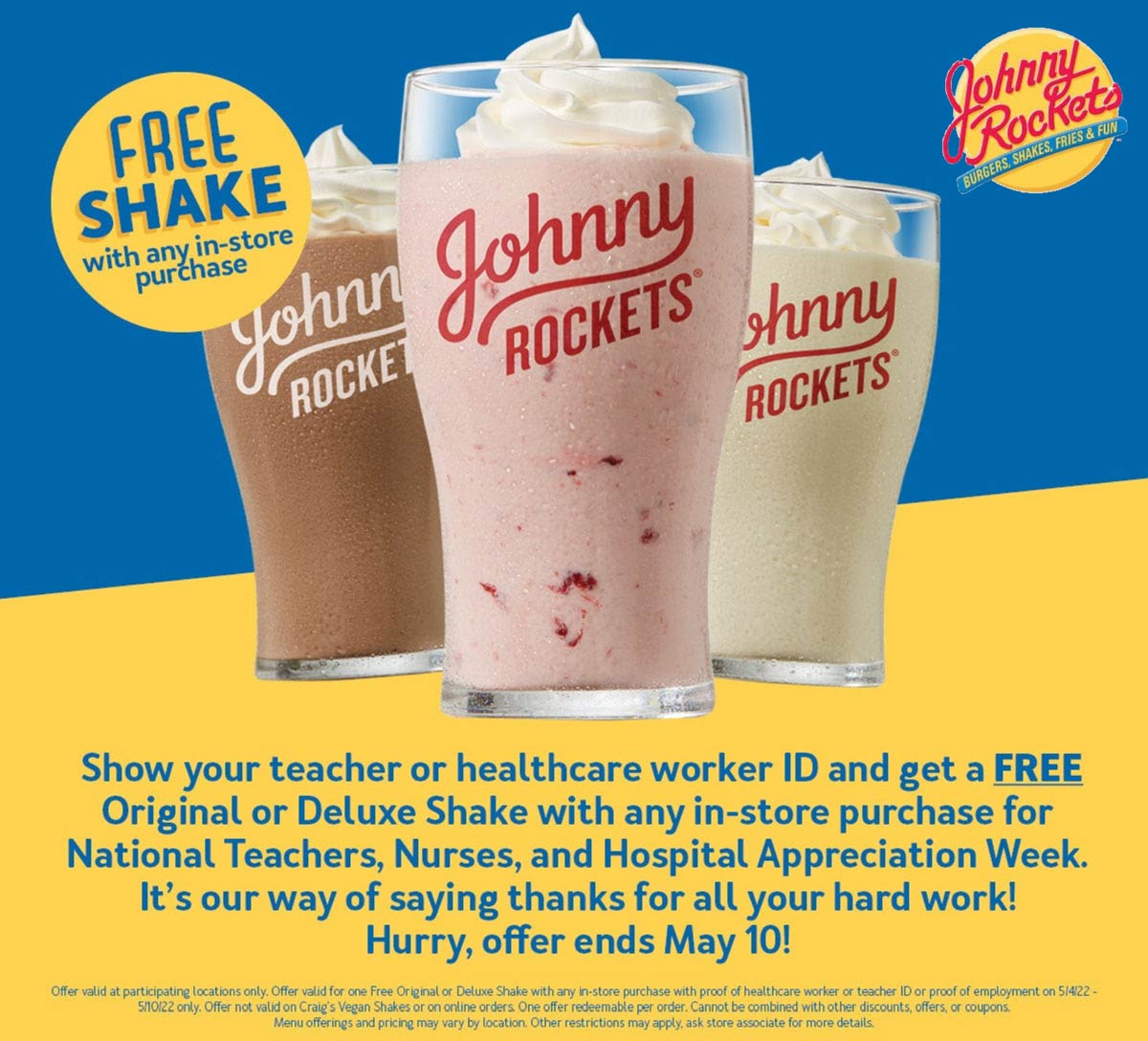 Johnny Rockets restaurants Coupon  Teachers & healthcare enjoy a free milkshake with any order at Johnny Rockets restaurants #johnnyrockets 